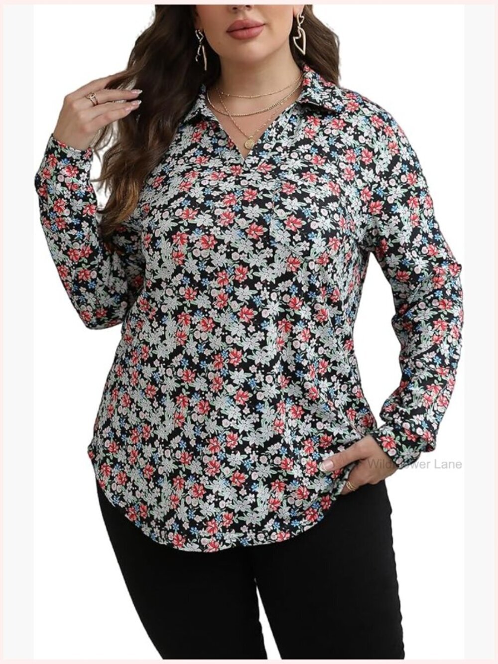 Plus Size Long Sleeve Collared V Neck Tunic Blouse Business Casual Work Top